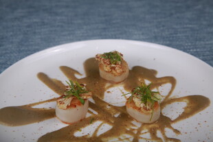 精致摆盘的美味扇贝料理