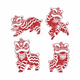 传统红色剪纸风格舞狮图案