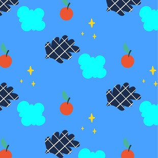 蓝色背景水果云朵图案