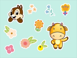 可爱动物与花卉卡通贴纸