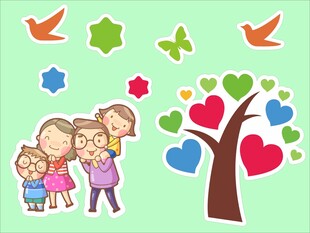 欢乐家庭与多彩树和飞鸟