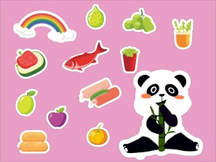 可爱熊猫与多彩食物贴纸