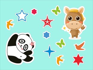 可爱动物与星星贴纸图案