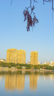 湖畔高楼映蓝天美景