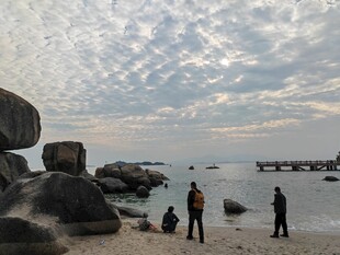 海边漫步的人群与巨石