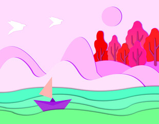 梦幻海上小船风景插画