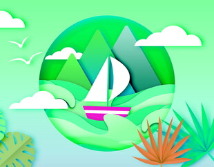 海上帆船与自然风景插画