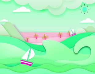 纸艺风绿色山水帆船风景