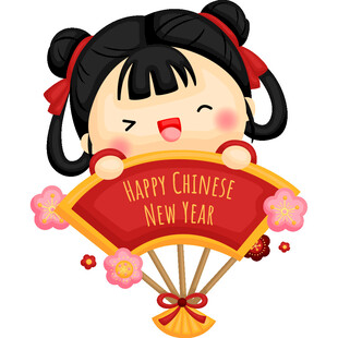 手持福扇的中国新年女孩