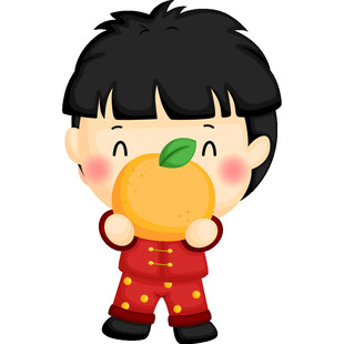 抱橘子的红衣卡通小男孩