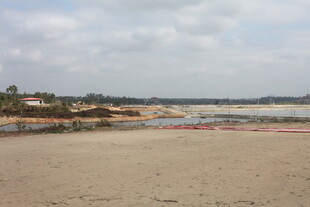 空旷沙滩与远处海岸线
