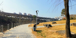 河畔步道与远处桥梁风景