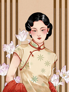 复古旗袍女子与优雅花卉海报