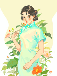 身着旗袍的温婉女子花卉海报