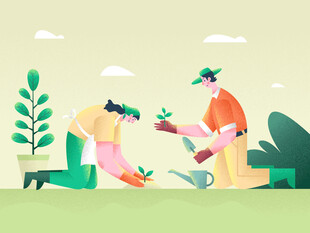 两人花园中愉快栽种花草