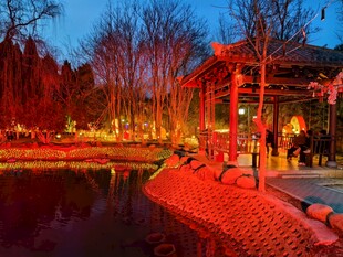 湖畔夜景灯光映照长廊