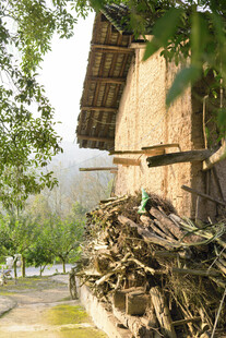 乡村老屋旁的柴垛景象