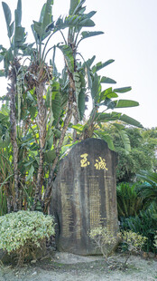 古朴石碑隐于绿植间