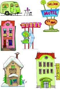 卡通风格多彩店铺建筑插画