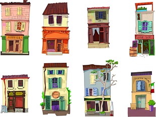 多彩手绘风格街边小建筑