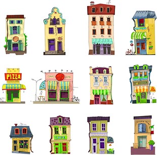 多彩卡通风格街边建筑