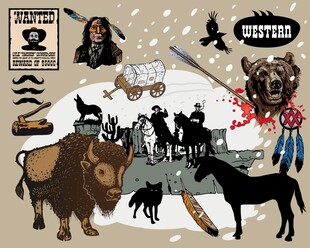 西部牛仔与野生动物场景