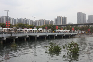 城市桥梁经洪水淹没景象