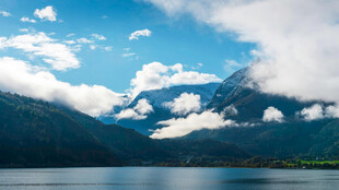 湖畔青山蓝天白云美景