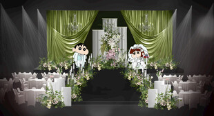 白绿色系卡通婚礼舞台效果图