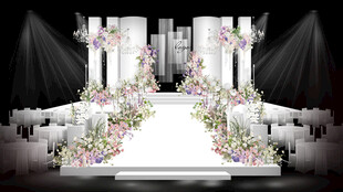 白色韩式粉紫花艺婚礼舞台效果图
