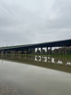 雨中长桥映于水面