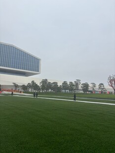 现代建筑旁的开阔绿茵场