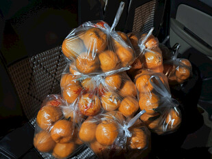 袋装橘子堆放在一起