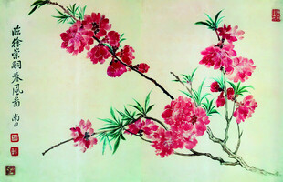 恽寿平国画桃花枝头绽放