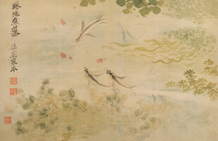 恽寿平水墨山水间双鸟飞翔图