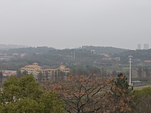 雾中远景的城市与山林