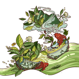 手绘绿植茶壶创意插画