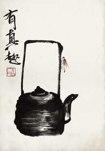 齐白石中式水墨风提梁茶壶图