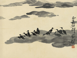 齐白石群鸟翔于云间水墨画
