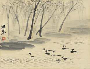齐白石水墨湖畔柳影群鸭图