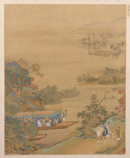 仇英作品古代山水人物泛舟图景