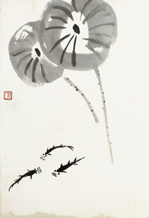 齐白石水墨荷花游鱼图