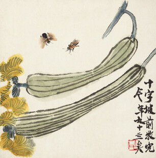 齐白石水墨瓜藤蜜蜂图艺术画