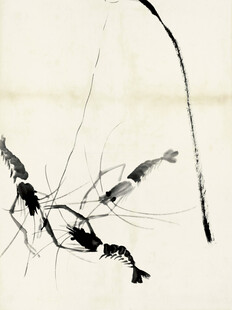 齐白石水墨虾趣图