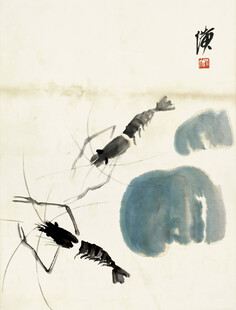 齐白石水墨虾趣图