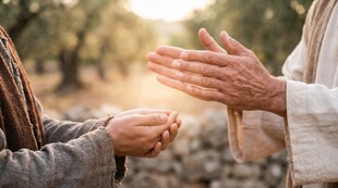 两人双手相触传递物品