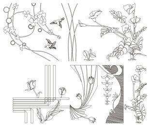 中式花鸟人物线稿图案