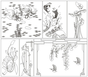中式花鸟人物场景线稿图