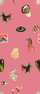 粉色背景上的多彩卡通图案