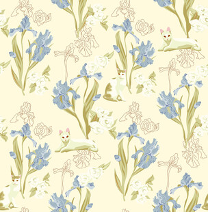 蓝花绿叶简约花卉图案